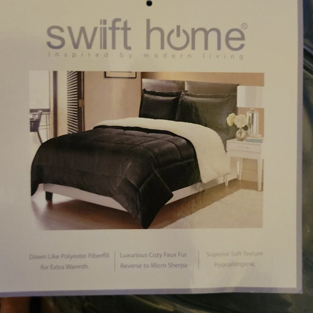 Swift Home Reversible Faux Fur Sherpa down alternative comforter 3pc black New…